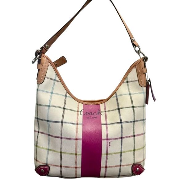 Coach Handbags - Coach Women's Plaid Tattersall Shoulder Bag - White and Pink